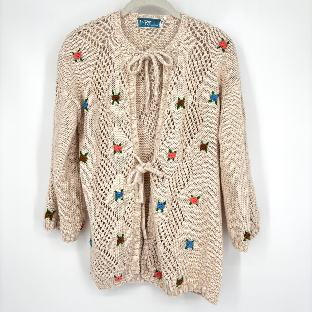 Vintage LeRoy Knitwear Open Knit Tie Front Floral Linen Cotton Cardigan Size M‎